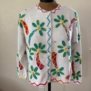 Design Options by Philip & Jane Gordon Pastel Palm Tree Embroidered Sweater Med